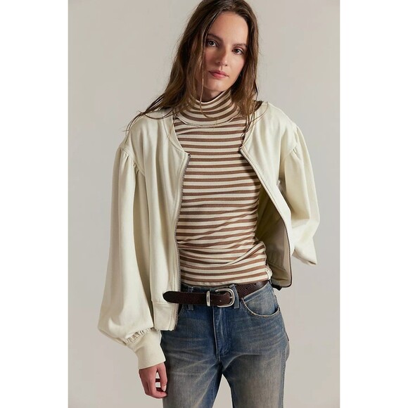 Free People Okayyy Sweatshirt Bomber Jacket Top Ribbed Balloon Sleeves S 283720 - Picture 4 of 9